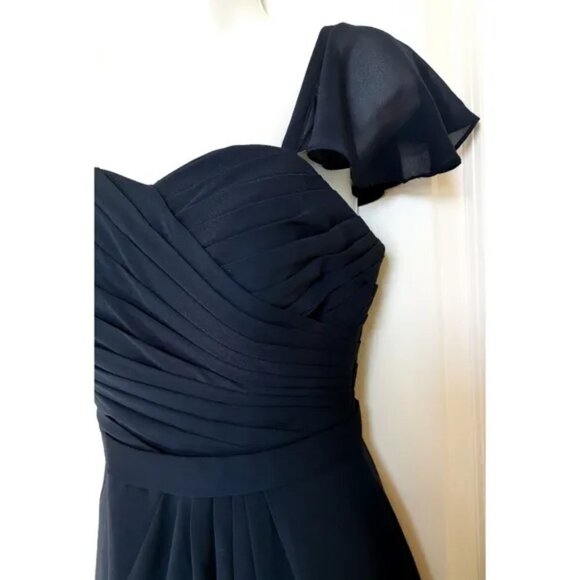 NAVY Blue Chiffon A-line Cap Sleeves Knee Length evening Dress - Picture 3 of 9